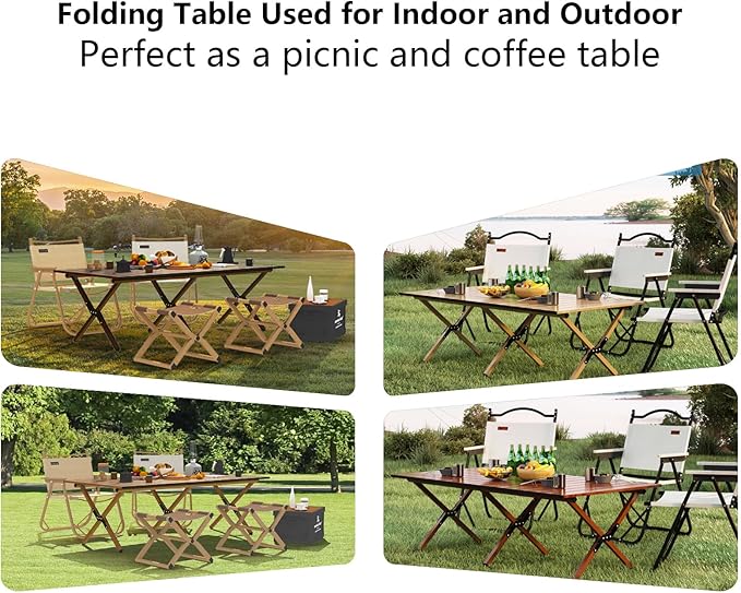 48Inch Folding Camping Table Lightweight Roll-Up Table Aluminum Low Portable Picnic Table with Carrying Bag for Outdoor Beach Picnic Backyards BBQ and Party (Walnut 120CM)