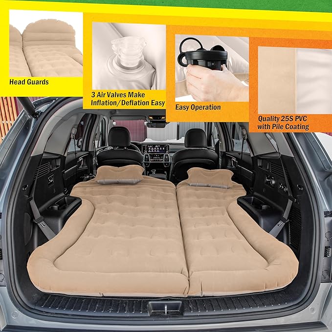 Wakeman Inflatable Mattress - Car Air Mattress for SUV or Tent with Aux Outlet Pump and 2 Inflatable Pillows - Car Camping Gear Outdoors (Beige)