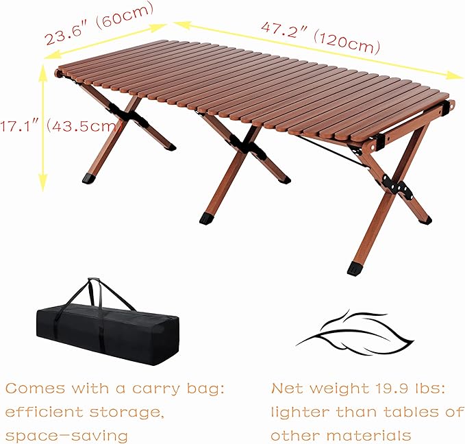 Folding Camping Table Beech Wood Portable Lightweight Roll-up Picnic Table with Carrying Bag for Outdoor Backyards BBQ Beach Party Patio(Walnut Rounded Edges &amp Big)