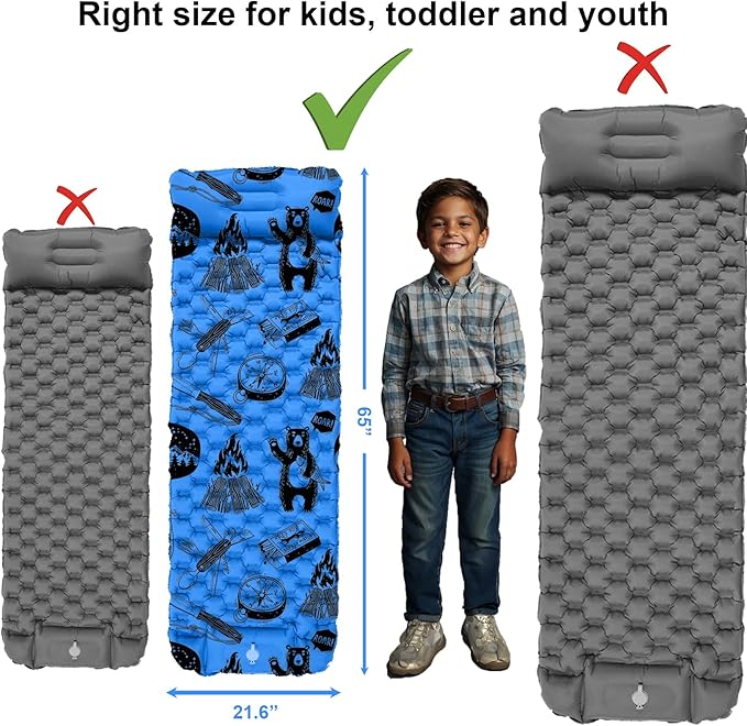Inflatable Sleeping pad for Kids Toddler and Youth | Air Mattress w Built-in Pump 5’5” Ultralight Sleeping Mat with Pillow for Camping Sleepovers &amp Travel | Airpad Kids Cot Camping Mattress -
