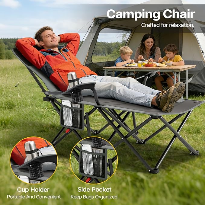 Suteck Camping Chair with Foot Rest Lightweight Foldable Beach Chairs Adjustable 90°- 140°Reclining Lounge Chair Heavy Duty Outdoor Chairs for Outside with Detachable Pillow &amp Carry Bag Black