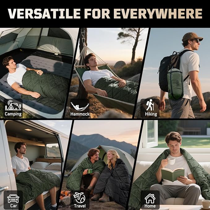 Camping Blanket - Packable Ultra Warm and Lightweight with Snap Button Backpacking Quilt for Sleeping Outdoors Travel and Indoor Use - Olive Green