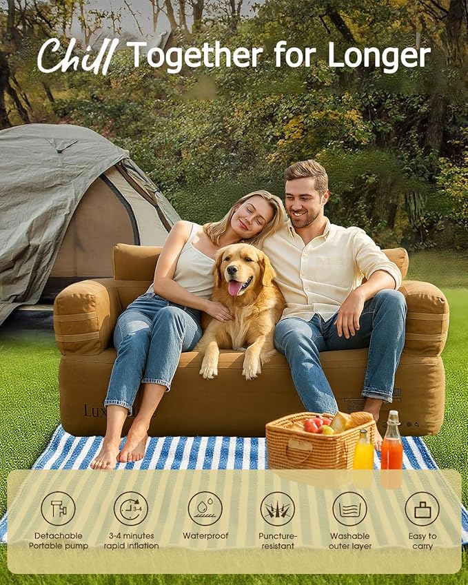 Portable Inflatable Couch for Camping with Built-in Pump Durable Inflatable Furniture Comfortable Blow Up Couch Stylish Outdoor Air Sofa Perfect for Backyard Beach Music Festival Party | Auto Cordless
