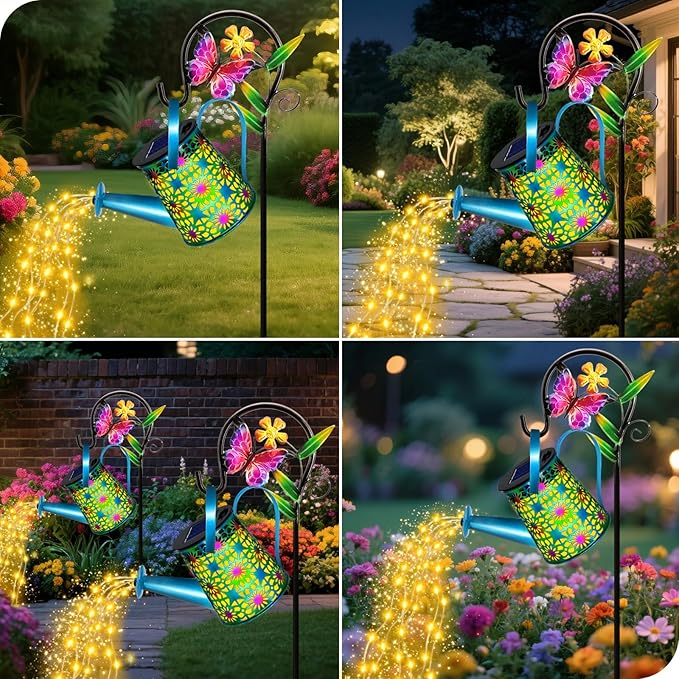2 Pack Solar Lights Outdoor Decorative Blue Metal Solar Watering Can Lights Waterproof Gifts for Women Mom Grandma Birthday Hanging Lanterns Decoration Garden Decor for Outside Yard Patio Lawn