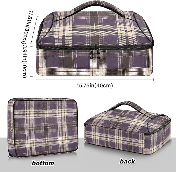 Casserole Carrier Purple and Brown Tartan Plaid Print Insulated Casserole Carrier for Hot or Cold Food Thermal Lunch Tote for Parties Picnic Travel Carry Bag