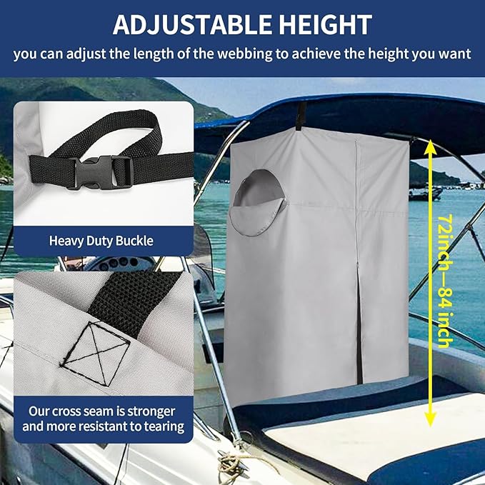 Tuszom 600D Privacy Tent for Boat Heavy Duty Hanging Changing Room for Bimini Top with Storage Bag Portable Privacy Station for Pontoons (27 W x 30 D x 72 -84 H) (Gray)