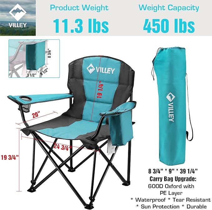 VILLEY Camping Chair Oversized Folding Camp Chair Portable Outdoor Chairs Support 450 LBS with Padded Seats Cooler Bag Cup Holder Carry Bag Blue