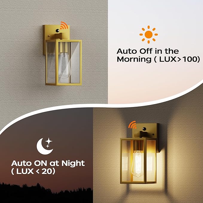 WIHTU Gold Dusk to Dawn Porch Lights Exterior Lighting Fixtures for House Waterproof Outdoor Wall Lights Wall Sconce Lamp Anti Rust Coach Lights for Doorway Garage