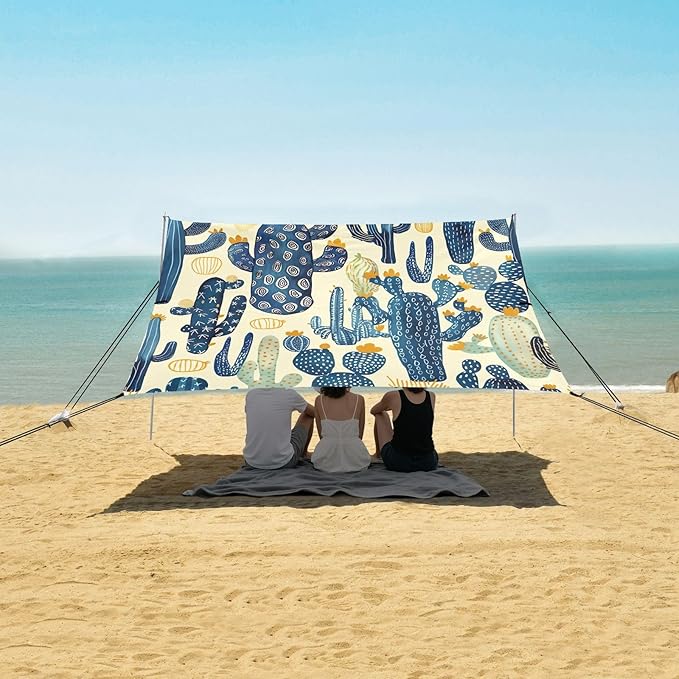 Cactus Pattern Beige Beach Tent Sun Shelter 9.2' x 10.5' Beach Canopy with 4 Sandbags 4 Stability Poles Sand Shovels - Tent Canopy for Beach Camping Fishing Picnics