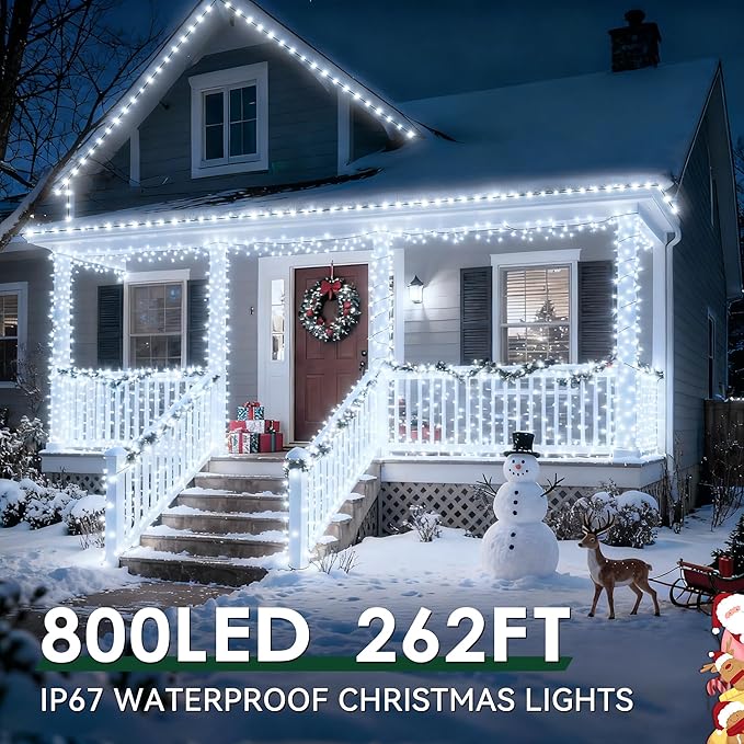 Outdoor Christmas Lights 800LEDs 262FT Christmas Tree String Lights IP67 Waterproof 8 Modes Cold White Holiday Lights with Remote for House Yard Xmas Decorations