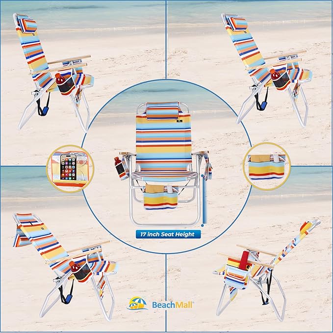 Deluxe XL Tall 17 Inches High Seat Beach Chair for Adults Heavy Duty Aluminum Frame Wide Plus Size 300 lb Capacity