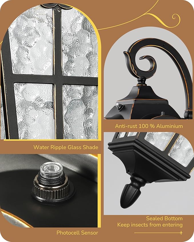 EDISHINE Dusk to Dawn Outdoor Wall Lights 20.4 Large Size Exterior Lantern Fixture Porch Lights Wall Mount Roman Wall Lamp Waterproof Outside Wall Sconce for Front Door Garage Black