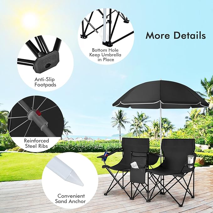 MAT EXPERT Folding Double Camp Chair w/Removable Umbrella Portable Picnic Chair w/Mini Table Chair Set w/Beverage Holder Portable Loveseat Camp Chairs for Beach Backyard Poolside (Black)