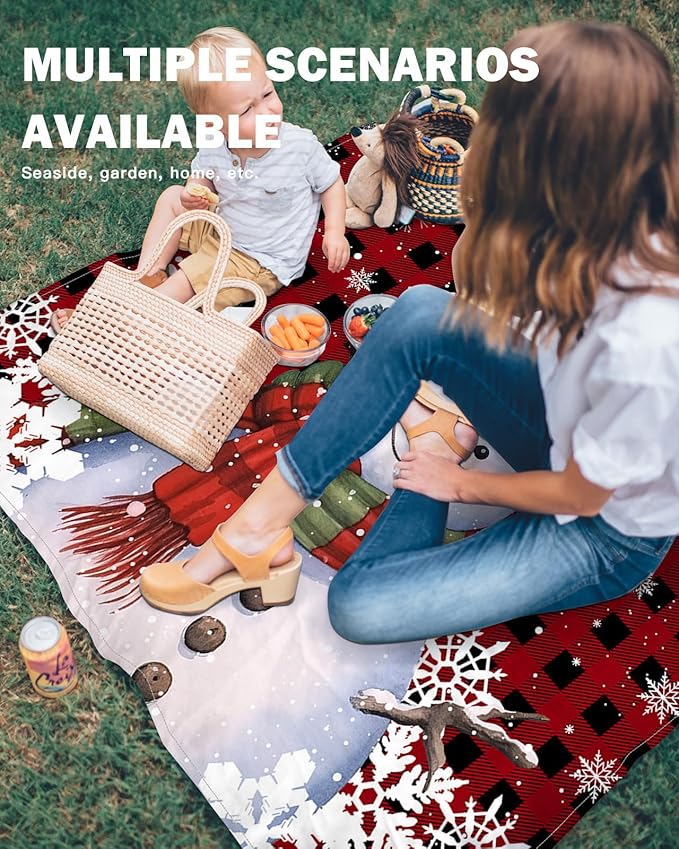 Beach Blanket Waterproof Sandproof Cute Snowman Red Black Buffalo Plaid Quick Drying Beach Mat with 4 Stakes Winter White Snowflake Seamless Lightweight Picnic Blanket for Travel Camping 95x80