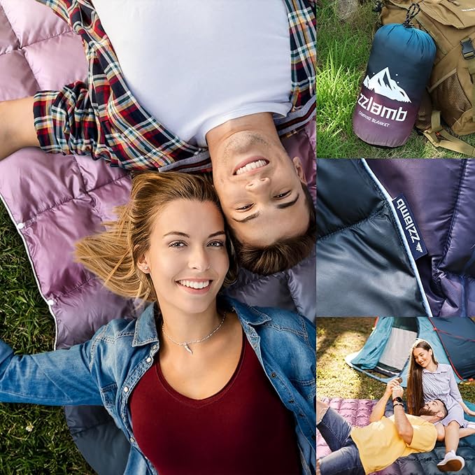 zzlamb Puffy Down Camping Blanket Water-Repellent Down Throw Travel Blanket Portable for Outdoor Light Warm Quilt for Couch Plane Car Theater Stadium Picnic RV Backpacking Hammock