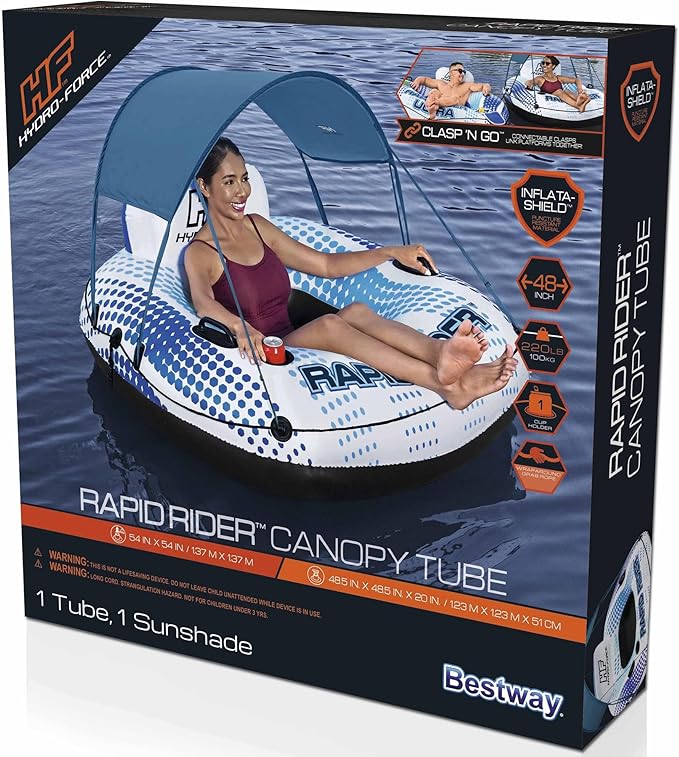 HYDRO FORCE Rapid Rider Canopy Tube 54 x 54| Durable Inflata-Shield Material | UV Sun Protection | Built-in Cup Holder | Heavy Duty Handles. Ultimate Water Fun
