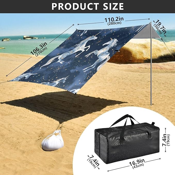Starry Sky Horse Beach Tent Sun Shelter 9.2' x 10.5' Beach Canopy with 4 Sandbags 4 Stability Poles Sand Shovels - Tent Canopy for Beach Camping Fishing Picnics
