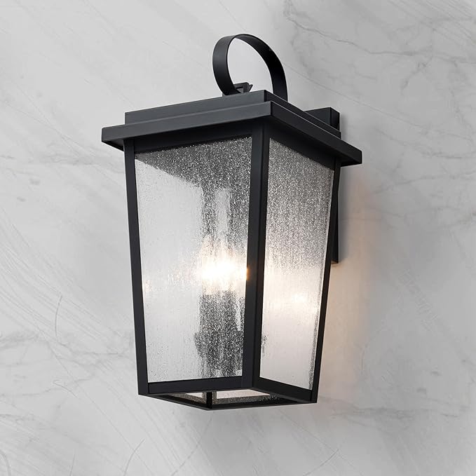 Large Outdoor Wall Sconce Mate Black Exterior Lights Fixtures for House Waterproof Outside Porch/Patio Lantern Wall Mount with Seeded Glass for Garage Entryway ETL