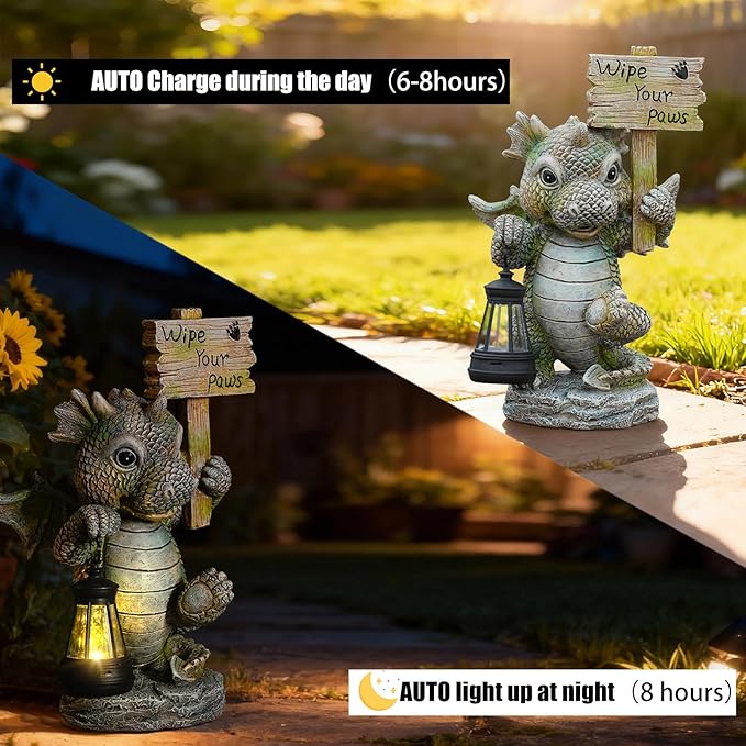 Solar Dragon Garden Statue with Lantern Resin Outdoor Yard Decor Figurine Waterproof Solar Powered Light for Patio Lawn Walkway &amp Front Porch (Dragon)