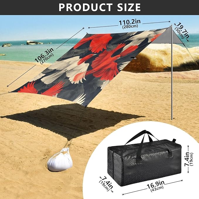 Colorful Cute Birds Beach Tent Sun Shelter 9.2' x 10.5' Beach Canopy with 4 Sandbags 4 Stability Poles Sand Shovels - Tent Canopy for Beach Camping Fishing Picnics