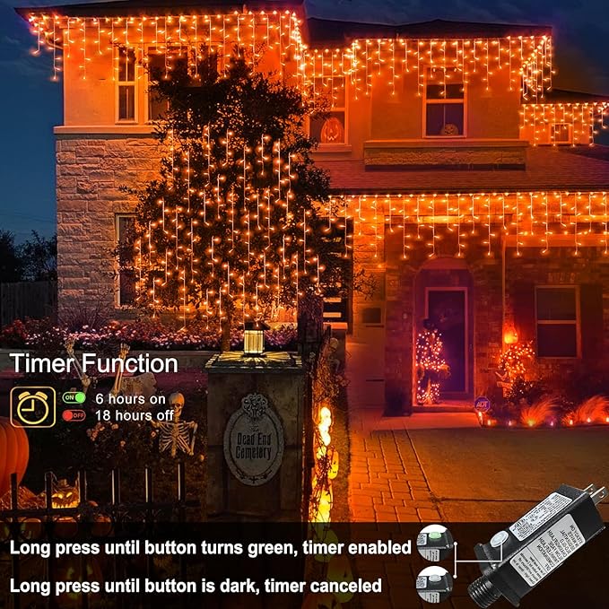 66ft Orange Halloween Lights Outdoor 640LED Icicle Lights for Outside Indoor Twinkle Christmas Light with Connectable Clear Wire 8 Modes Timer Waterproof for House Party Tree Holiday Yard Patio Decor