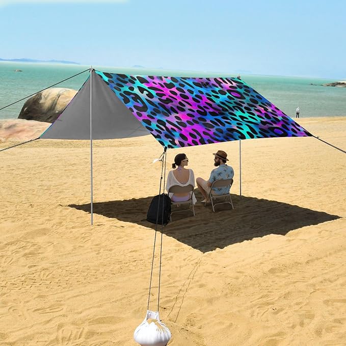 Holographic Leopard Print Beach Tent Sun Shelter 9.2' x 10.5' Beach Canopy with 4 Sandbags 4 Stability Poles Sand Shovels - Tent Canopy for Beach Camping Fishing Picnics