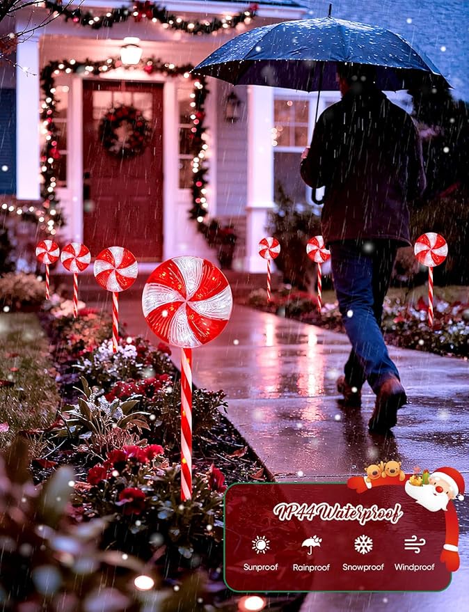 Brightown 3 Pack Lollipop Christmas Pathway Lights Outdoor - 29IN 60 LED Candy Cane Lights with 8 Lighting Modes Waterproof Christmas Light Outdoor Decoration for Lawn Yard Walkway Red and White