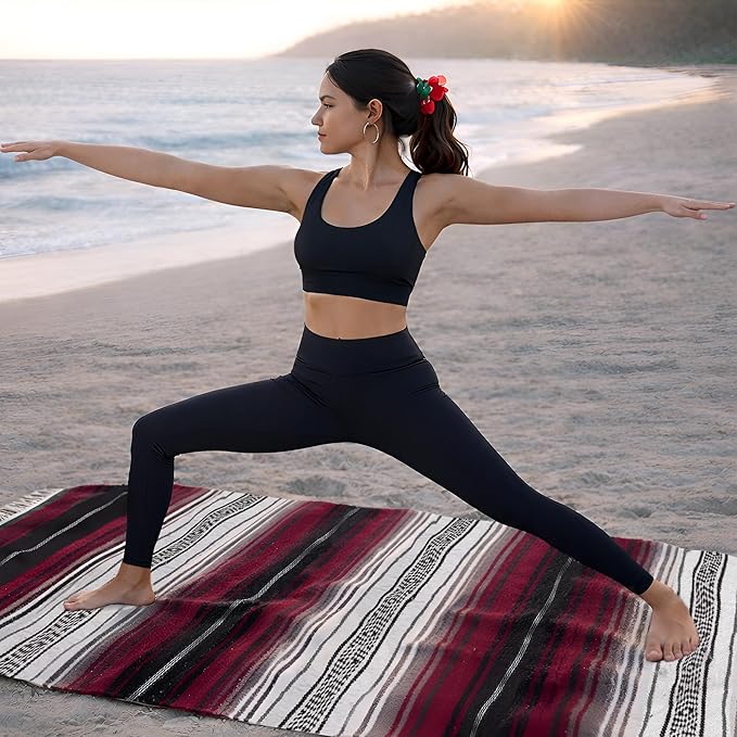 Mexican Blanket (Authentic Handmade Falsa) - Durable Lightweight Baja Indian Blanket for Yoga Beach Camping Picnic Car/Truck Outdoor Mexican Throw Baja Saddle Blanket 70x50 Cherry