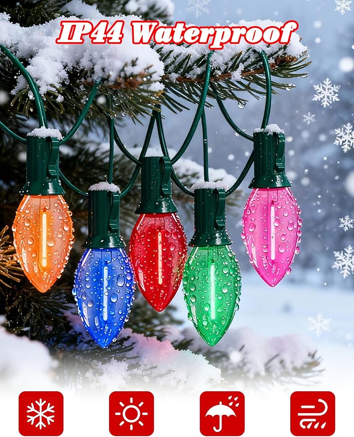 C9 LED Christmas Lights Outdoor25FT Multicolored Christmas Lights with 26 Colorful Clear Multicolor LED BulbsConnectable Old Fashioned Xmas light for Garden Patio Xmas Tree Party Home Decor