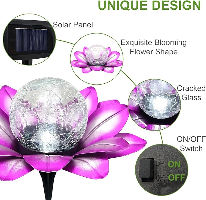 LEWIS&ampWAYNE Solar Garden Lights Outdoor 3 Pcs Purple Lotus Flower Pathway Lamps with Cool White Crackle Glass Globe Led Lights for Patio Pathway Yard Balcony Garden Decorations