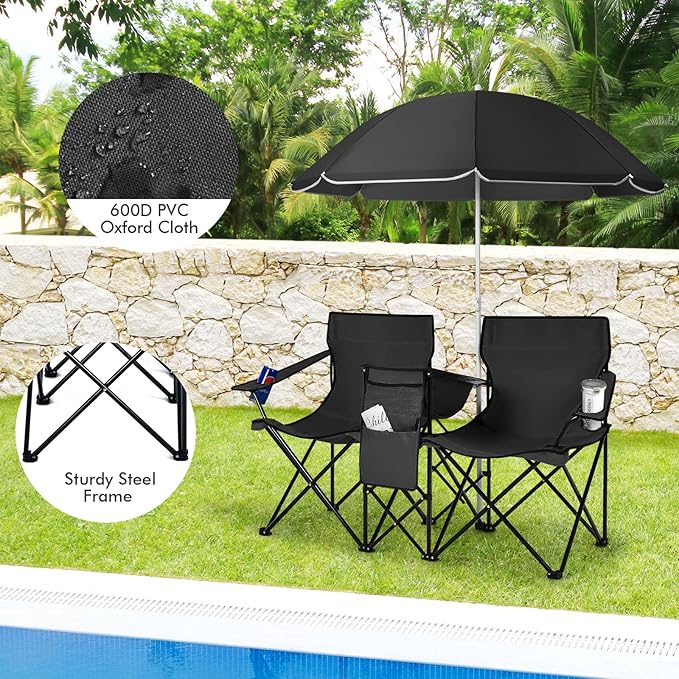 Beach Chair with Umbrella Portable Camping Chair with Cooler Bag Cup Holders Side Pocket Carrying Bag Double Folding Chair for Picnic Patio Canopy Outside (Black)