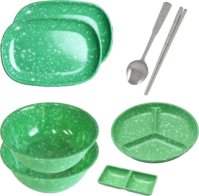 Retro Korean Tteokbokki Plate Set 6 Melamine Pieces Spoon Chopsticks 2 Ramen Bowls 2 Square Plates 3 Compartment Plate Sauce Dish