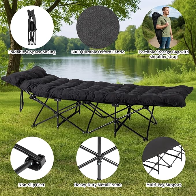 Outdoor Camping Cot for Sleeping Bed 330LBS Max Load Heavy-Duty Oxford Foliding Cots for Adults Portable with Mattress Carry Bag for Guest Travel Hiking (Black)