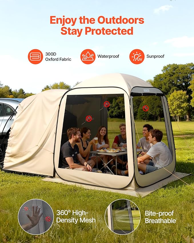 SUV Tailgate Tent VEVOR 6 x 6 ft Pop-Up Screen House Canopy for 4–6 Person Portable Screened Shelter with Carry Bag for Car Camping Backyard Patio Outdoor Activities