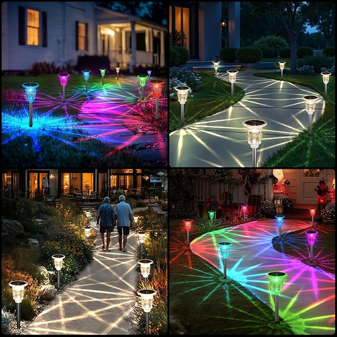 Solar Pathway Lights Outdoor 4 Pack 10 Modes RGB Color Changing &amp White Solar Garden Lights 17.5 IP65 Waterproof Glass Stainless Steel Solar Powered Landscape Lights for Yard Walkway Driveway P