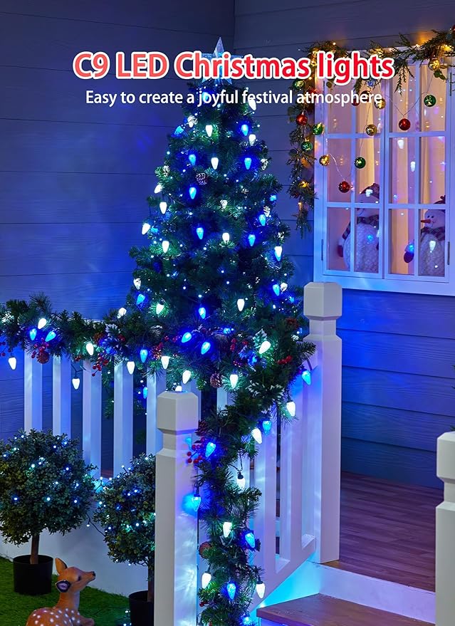 2 Pack C9 LED Christmas String Lights - Each 82ft 100 LED Outdoor String Lights with Timer and 8 Lighting Modes Plug in Extendable Roofline Lights String for Outside Yard Christmas Holiday Decor