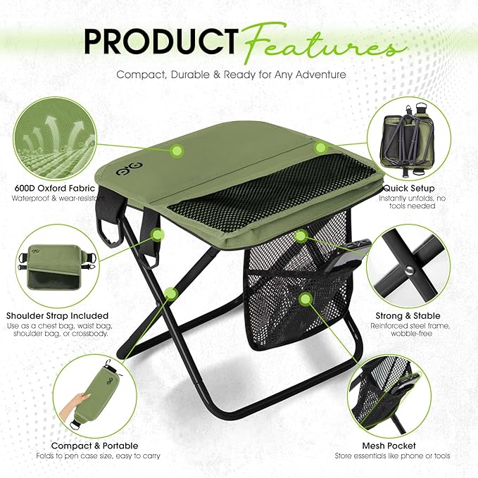 Camping Stool Upgraded FoldableStool Aluminum Alloy Bracket Portable outdoorfolding Chair with Pocket for Queuing FishingHiking Tours BBQ Parties Outdoor Camping Accessories(Green)