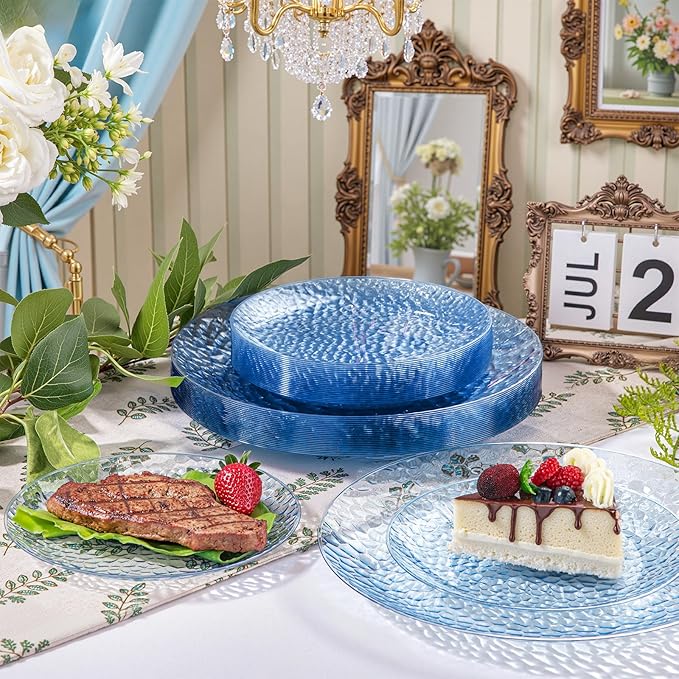 Rubtlamp 60Pcs Easter Plastic Blue Plates Heavy Duty Disposable Plates Blue Hammered Party Plate Include 30 Dinner Plate 30 Dessert Platos Fancy Disposable Platos For St Patricks Day