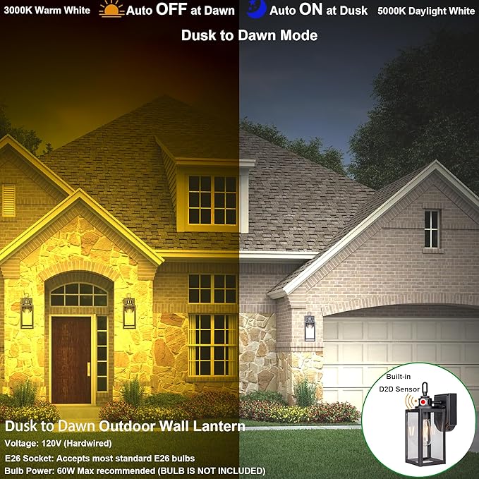 GRUENLICH Dusk to Dawn Outdoor Wall Lantern PIR Motion Sensor Wall Sconce E26 Base Max 60W Metal Housing Plus Glass Matte Black Finish Bulb Not Included 2-Pack