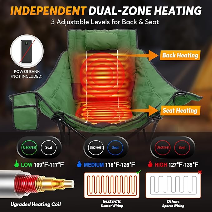 Suteck Heated Rocking Camping Chair XL Oversized Rocking Chair Outdoor with 3 Heat Levels for Back and Seat Heated Chairs Outdoor Sports for Patio Lawn Picnic Travel Power Bank（Not Included）