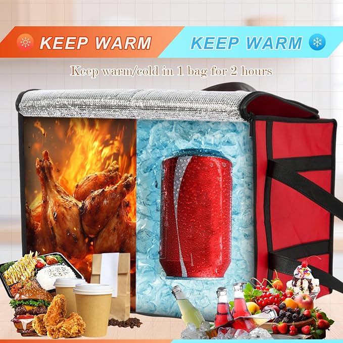 10 Pcs Insulated Food Delivery Bags XXXL Pizza Delivery Catering Bags Large Capacity Cooler Carrier with Handle for Hot and Cold Food Grocery Travel Lunch Shopping Red