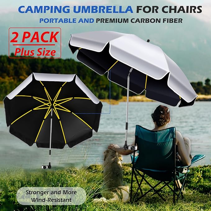 2Pack 48.8 inch Large Beach Umbrella with Clamp Sun Shade for Beach Chair 360°Adjustable UV Protection Golf Umbrella with Clip for Outdoor Stroller Wheelchair Camping Chair