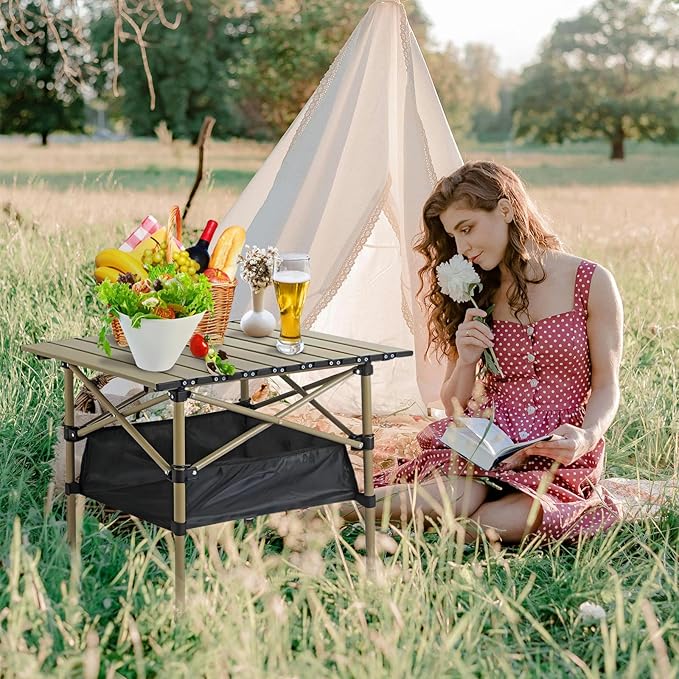 Folding Camping TablePortable Camping TableLightweight Aluminum Folding BeachEquipped with Storage Net Pocket Suitable for Outdoor(Beige 20 * 20 INCH)