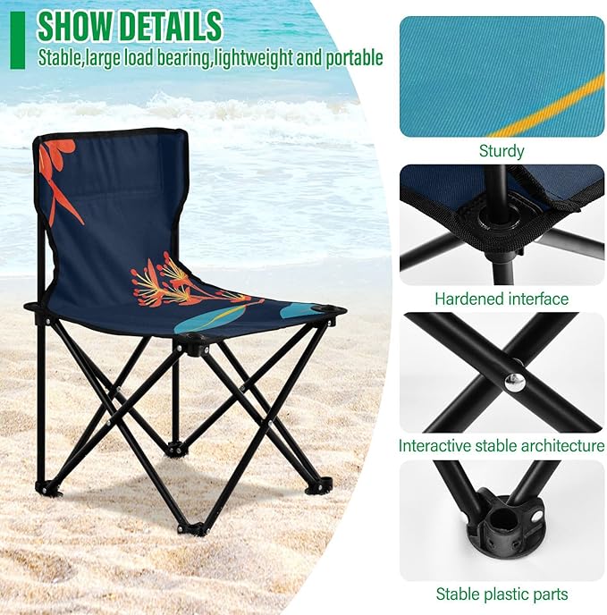 Flower Navy Blue Pattern Foldable Camp Chairs for Adults Heavy Duty Ultra-Lightweight Packable Chair Carry Bag Included for Traveling