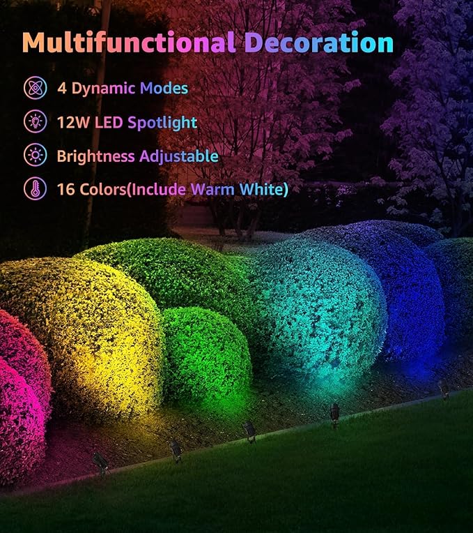 SUNVIE RGB Spot Lights Outdoor 12W LED Color Changing Landscape Lights with Remote Control 120V RGBW Landscape Lighting Waterproof Outdoor Spotlight for Yard Garden Patio Lawn Decorative 2 Pack