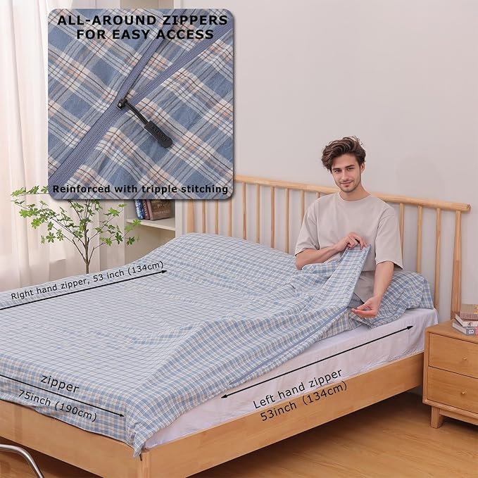 100% Cotton Sleeping Bag Liner with Full Length Zipper on 3 Sides Single/Double Adult Sleep Sack for Travel &amp Camping Multifunctional Travel Sheets (Unzipped 87”x87”) for Hotel Lightweight