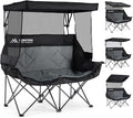 Double Camping Chair with Canopy Shade Folding Double Beach Chair with Adjustable Canopy Heavy Duty Loveseat Camping Chair with Two Cup Holders and Carry Bag for Outside Beach Fishing Sports