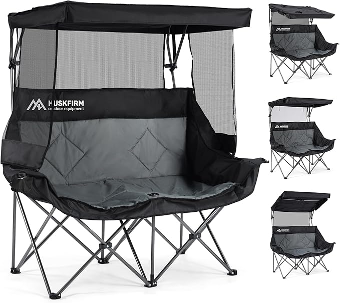 Double Camping Chair with Canopy Shade Folding Double Beach Chair with Adjustable Canopy Heavy Duty Loveseat Camping Chair with Two Cup Holders and Carry Bag for Outside Beach Fishing Sports