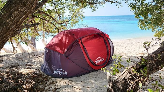 Pittman Outdoors PPI-POPUP4X Instant Set-up 4 Person Pop-up Tent with Large Mesh Window 9.02’ x 6.6’ x 3.2’ (Height) Red