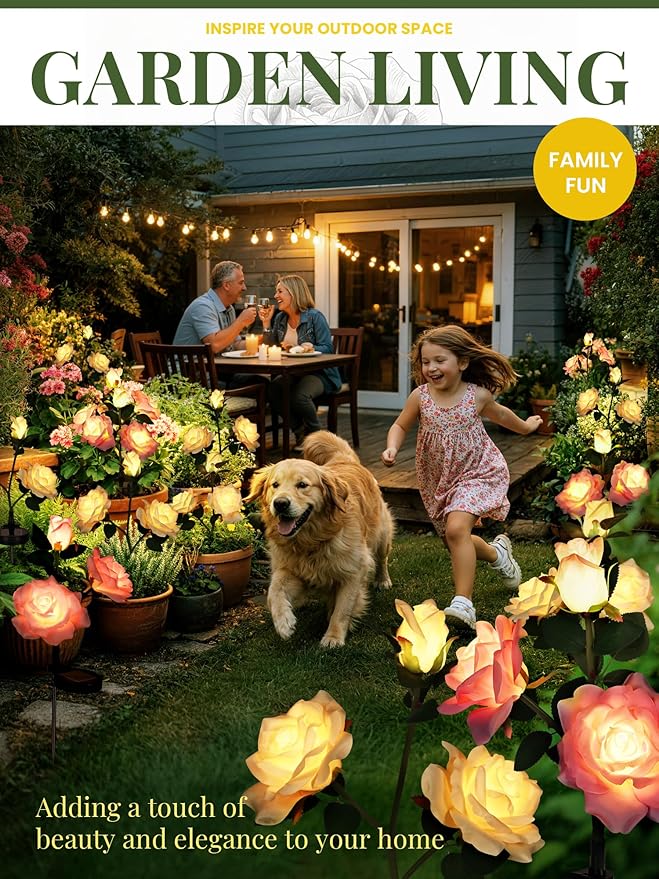 GIGALUMI Solar Lights Outdoor for Garden Decor 4 Pack Solar Flower Lights Waterproof 2 Lighting Modes 12 Roses for PathwayYard Patio Decoration Gardening Gifts for Women (Pink+Yellow)